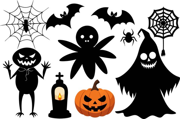 Halloween negro silueta Clipart juego de bombeo fantasma esqueleto de bruja arañas tela de araña
