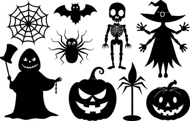 Halloween negro silueta Clipart juego de bombeo fantasma esqueleto de bruja arañas tela de araña
