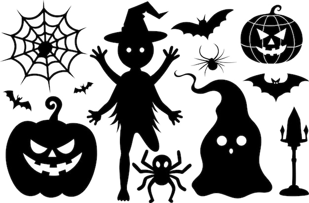 Halloween negro silueta Clipart juego de bombeo fantasma esqueleto de bruja arañas tela de araña