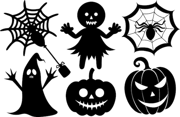 Halloween negro silueta Clipart juego de bombeo fantasma esqueleto de bruja arañas tela de araña