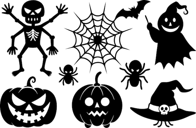 Halloween negro silueta Clipart juego de bombeo fantasma esqueleto de bruja arañas tela de araña