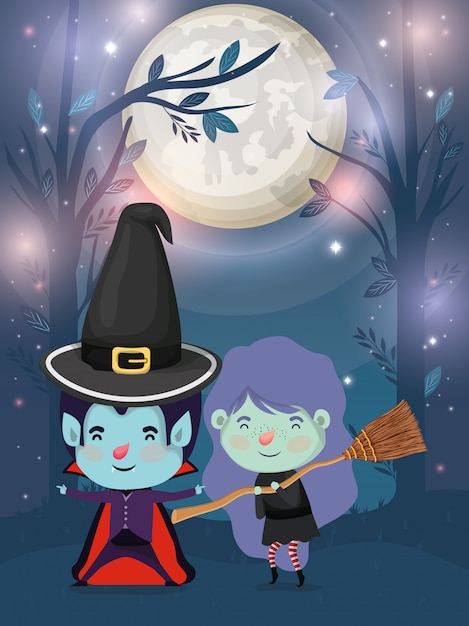 Halloween con niños disfrazados en una oscura escena nocturna