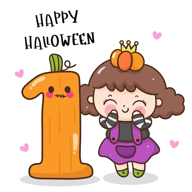 Vector halloween número uno con la chica bruja kawaii dibujos animados