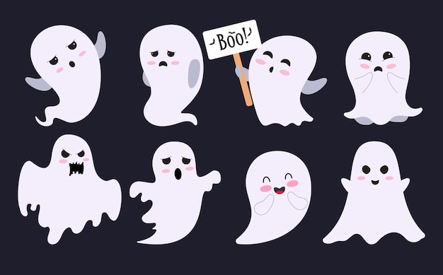 Halloween personajes fantasma clipart conjunto Halloween sombra blanca y espíritu personaje clip art en lindo