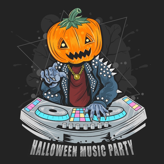 Halloween pumpkin head dj en fiesta de música con chaqueta punk rocker