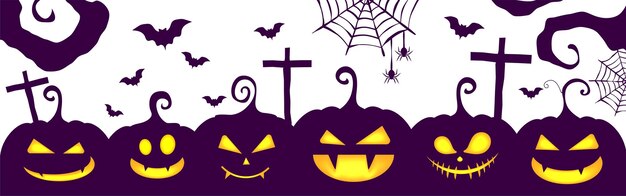 Halloween Pumpkins Bats Spider Cobwebs y Cross madera en silueta diseño plano