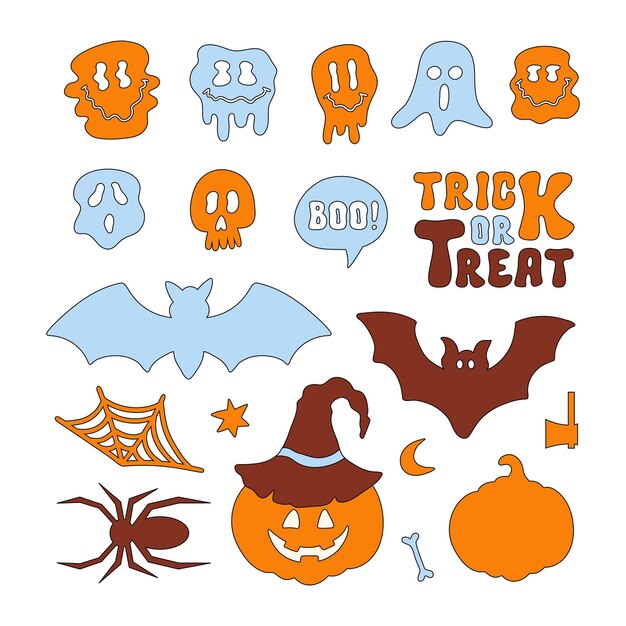 Halloween retro establece lindos iconos aislados en un fondo blanco. ilustración vectorial