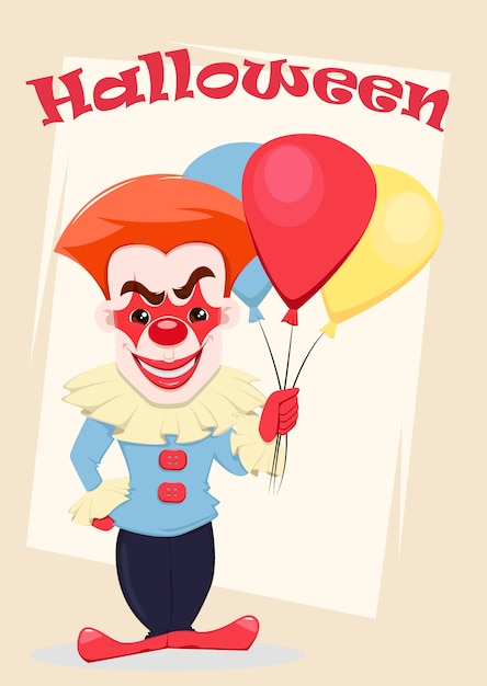 Vector halloween, sonriente malvado payaso con globos de aire