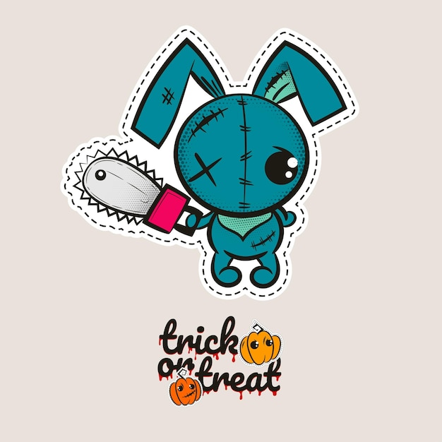 Vector halloween stitch conejito conejo zombie muñeca vudú conejito malvado monstruo de costura truco o trato calabazas