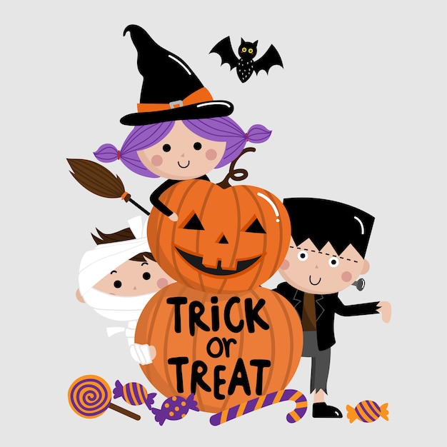 Vector halloween, truco o trato, niños y calabaza