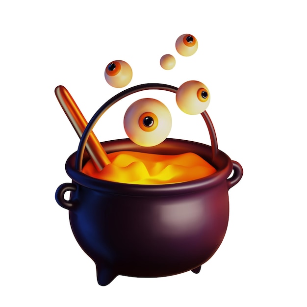 Vector halloween vector pot 3d icono realista. feliz caldero mágico de bruja púrpura de halloween, poción naranja
