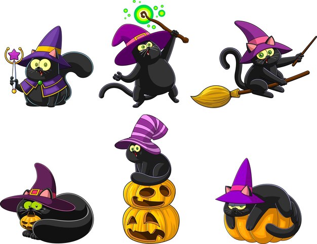 Halloween Witch Black Cat Personajes de dibujos animados Vector Colección dibujada a mano