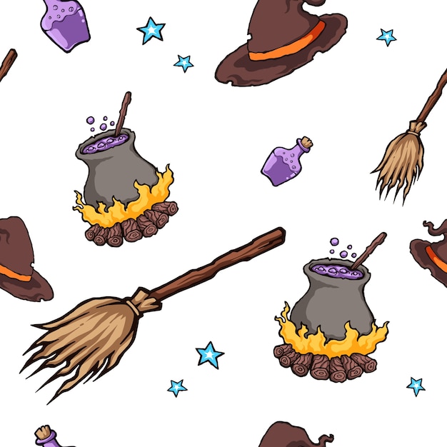 Vector halloween witch hat magic seamless pattern