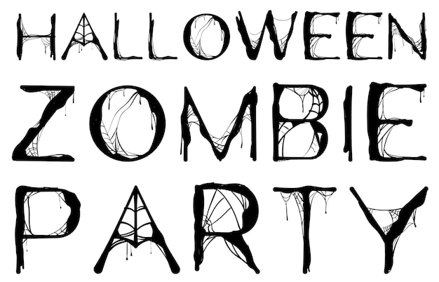 Halloween zombie party texto telaraña aislado en blanco. Ilustración vectorial