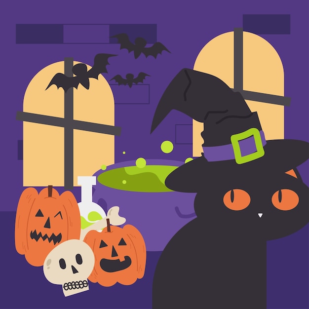 halloweennegrogatopociónhabitación mágicainplanoilustración