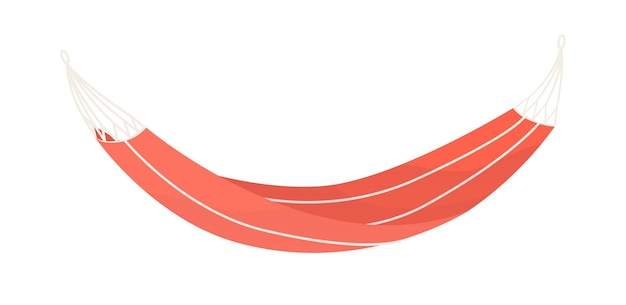 Hamaca roja rayada aislada en blanco. Herramienta colgante colorida y cómoda para la recreación y el descanso en la playa o en el campamento. Elemento de decoración textil. Ilustración de vector de estilo de dibujos animados plana.