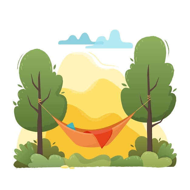 Hamaca de verano con árboles en bosque y jardín montañas y nubes ilustración de diseño plano