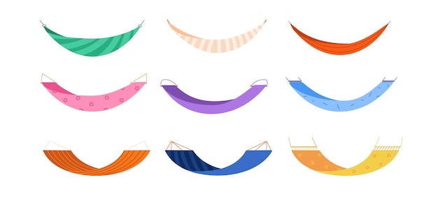 Hamacas de verano Cuerda neta colorida nadie hamaca para la recreación y relajación de verano en el mar playa resort columpio color modelo tranquilidad sueño conjunto espléndida ilustración vectorial