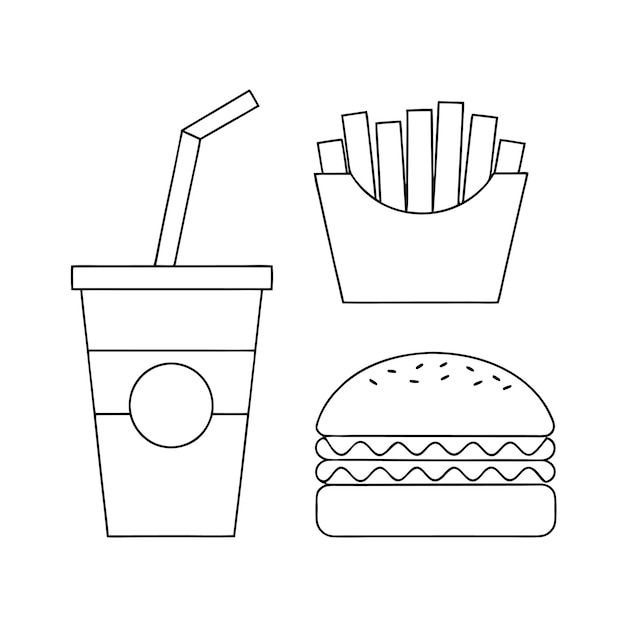 Hamburger refresco y patatas fritas comida rápida icono de línea vectorial