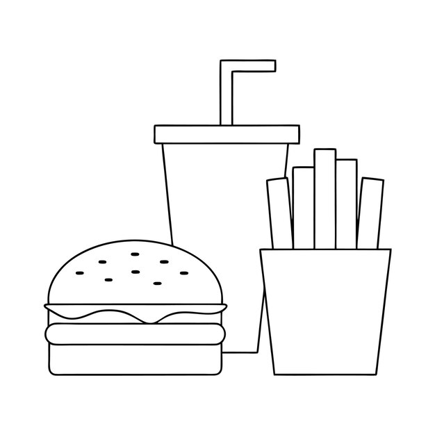 Hamburger refresco y patatas fritas comida rápida icono de línea vectorial