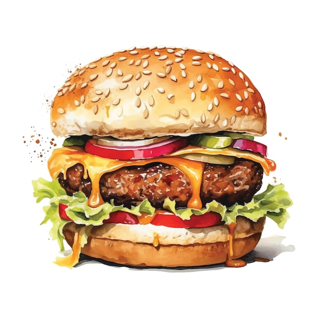 Vector hamburguesa en acuarela sobre un fondo blanco