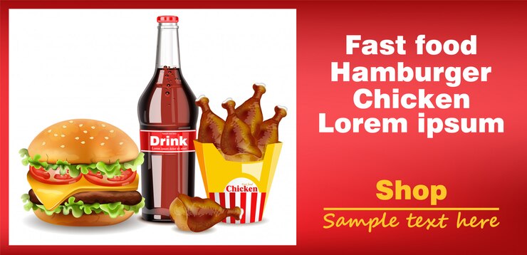 Vector hamburguesa alas de pollo y gaseosa bebida bandera