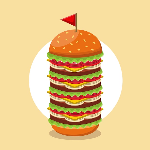 Hamburguesa alta con ketchup de tomate con queso de carne de res en ilustración vectorial