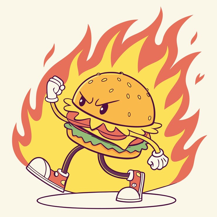 Vector hamburguesa animada en llamas mascota de comida rápida picante y enérgica