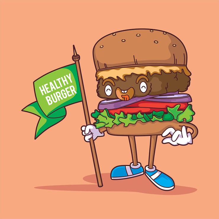 Vector hamburguesa a base de plantas con estilo de ilustración de dibujos animados de cara feliz