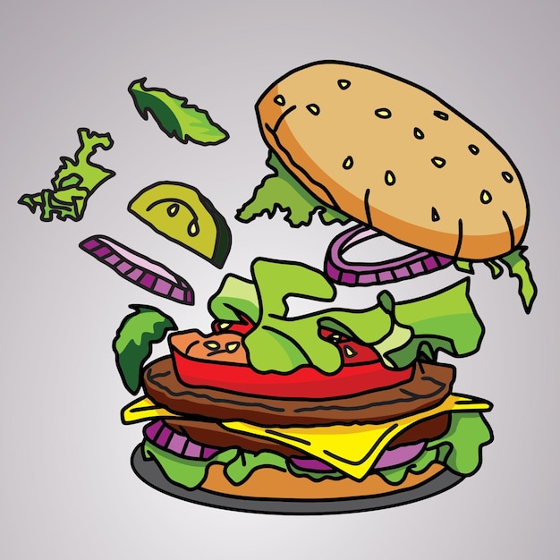 Vector hamburguesa de bollo volador dibujada a mano, color de hamburguesa de ilustración