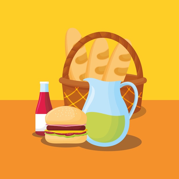 hamburguesa y cesta con panes con jarra de limonada