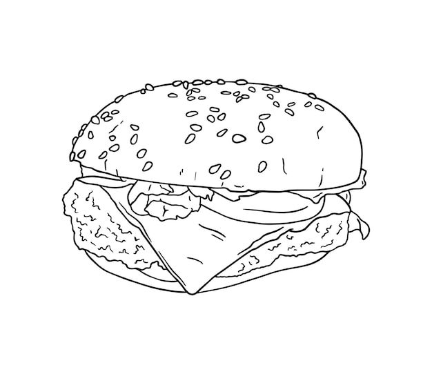 Hamburguesa con chuleta queso hoja de lechuga tomates pepinos salsa bollo con sésamo comida chatarra comida rápida garabato dibujos animados lineales para colorear