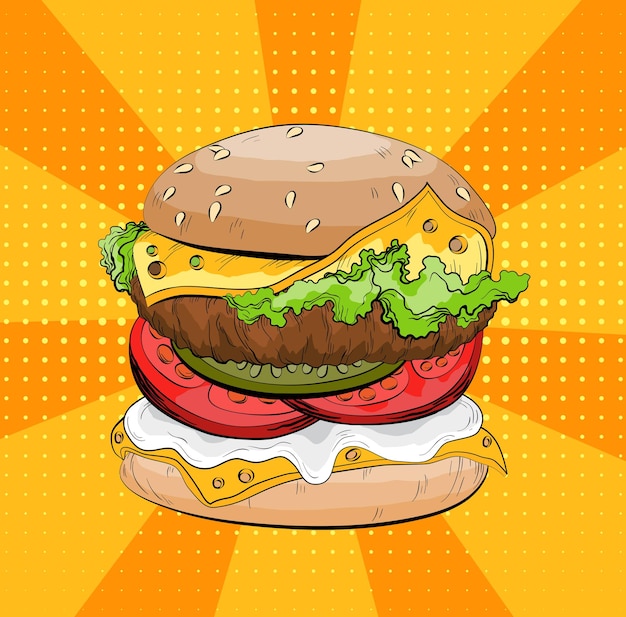 Vector hamburguesa clásica sobre un fondo de arte pop sándwich grande colorido