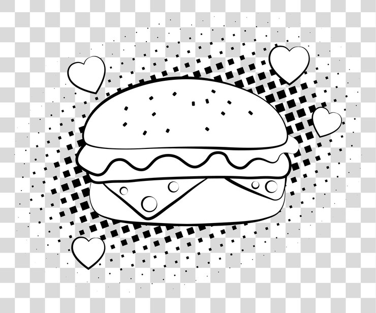 Hamburguesa de cómic con sombras de medios tonos. Estilo retro del arte pop de fondo de comida rápida. Ilustración vectorial eps 10 aislado sobre fondo.