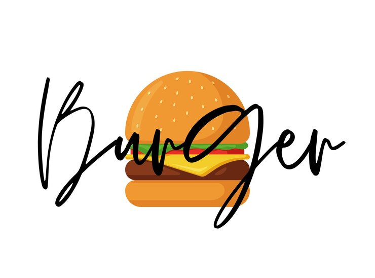 Hamburguesa de comida rápida aislada con inscripción de letras hamburguesa con verduras de arco de tomate frito jugoso