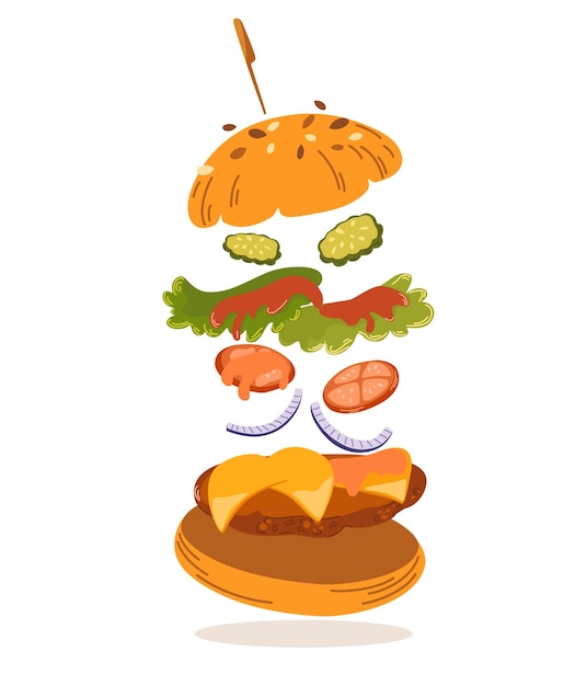 Hamburguesa comida rápida hamburguesa sabrosa con carne empanada queso ensalada cebolla tomates y pepinos ingredientes perfecto para la impresión de menús de restaurantes y animación dibujos animados vectoriales ilustración