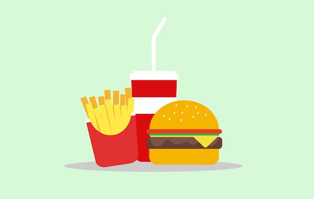 hamburguesa de comida rápida, papas fritas y bebida