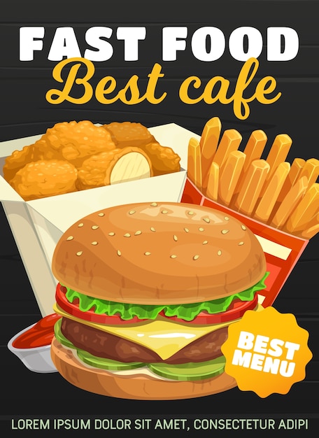 Hamburguesa de comida rápida, papas fritas y nuggets de pollo. comida para llevar comida rápida bistro snacks orden y entrega. Combo de menú de cafetería con hamburguesa con queso, hamburguesa y patatas fritas con salsa de tomate
