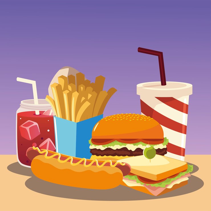 Vector hamburguesa de comida rápida, sándwich de perrito caliente, papas fritas y soda ilustración vectorial
