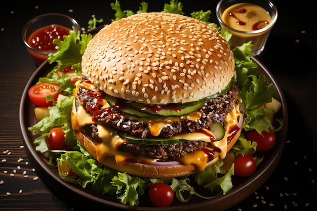 Hamburguesa de comida rápida sobre fondo negro