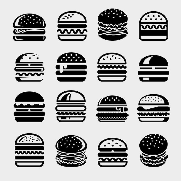 hamburguesa, conjunto, colección, hamburguesa, iconos, vector