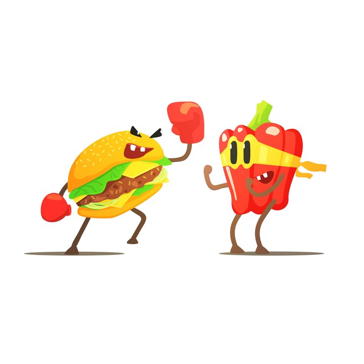 Vector hamburguesa contra pimienta dibujos animados lucha vector plano ilustración divertida en estilo infantil sobre fondo blanco