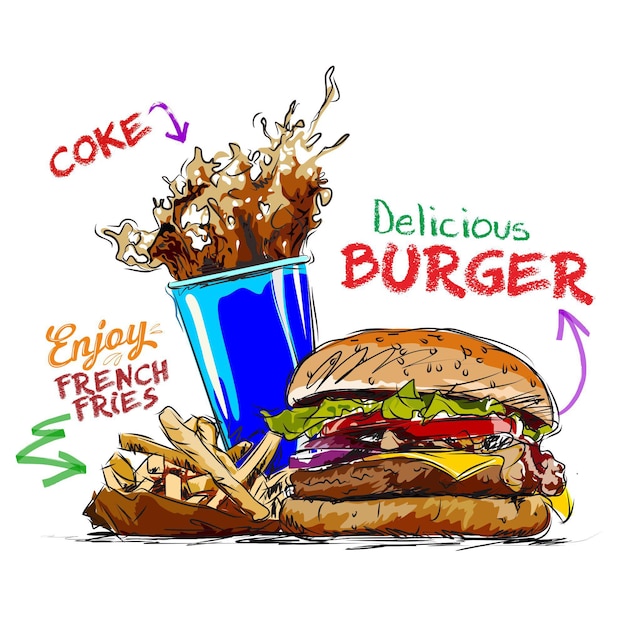 Hamburguesa dibujada a mano y amigo, ilustración, hamburguesa vectorial