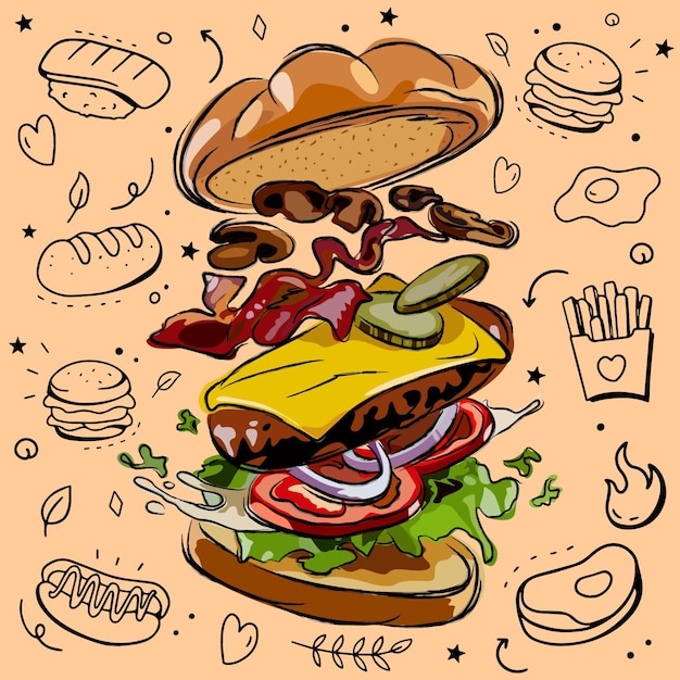 Vector hamburguesa dibujada a mano - burger illiustration - hamburguesa de boceto - hamburguesa vectorial