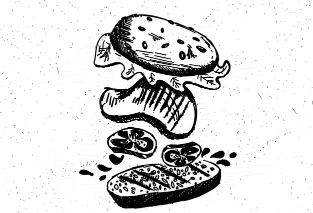 Hamburguesa dibujada a mano con ingredientes