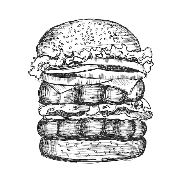 Vector hamburguesa dibujada a mano negra vectorial sobre fondo blanco