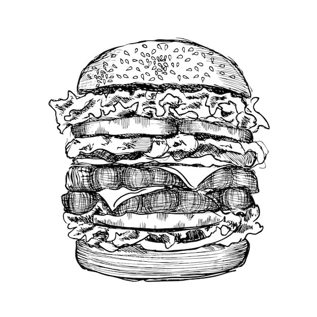 Hamburguesa dibujada a mano negra vectorial sobre fondo blanco