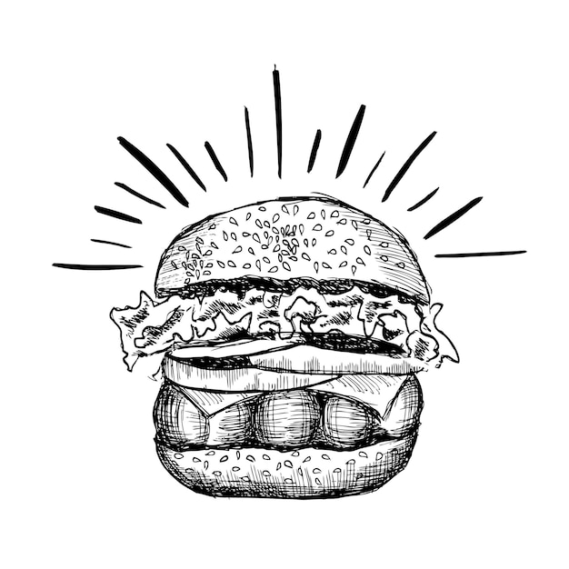 Hamburguesa dibujada a mano negra vectorial.