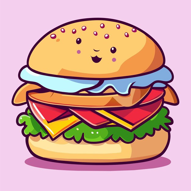 Vector hamburguesa dibujada a mano plana con estilo adhesivo de dibujos animados icono concepto ilustración aislada