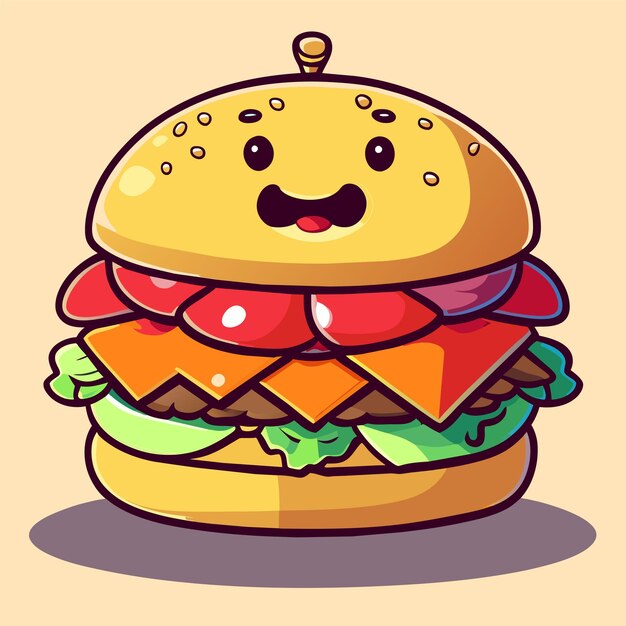Vector hamburguesa dibujada a mano plana con estilo adhesivo de dibujos animados icono concepto ilustración aislada